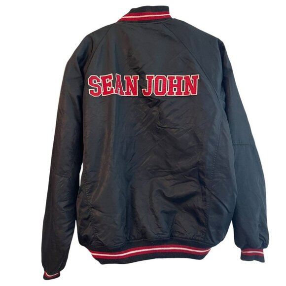 Mens XXL Vintage Sean John Black Satin Snap Varsity Stitched Bomber Jacket - Picture 1 of 4